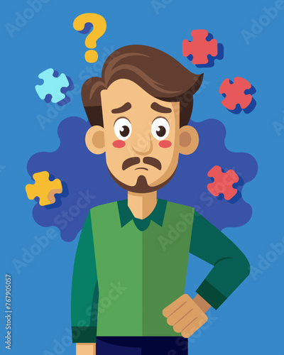 Young puzzled, doubtful, confused man thinking, trying to find solution, worried expression on his face, concept - Sorry, don't know how it happened. Copy space.