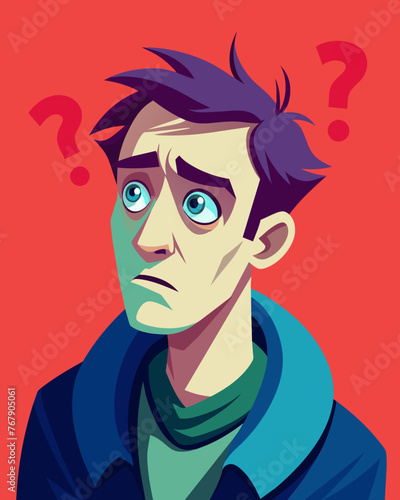 Young puzzled, doubtful, confused man thinking, trying to find solution, worried expression on his face, concept - Sorry, don't know how it happened. Copy space.