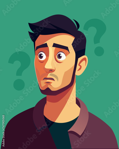 Young puzzled, doubtful, confused man thinking, trying to find solution, worried expression on his face, concept - Sorry, don't know how it happened. Copy space.