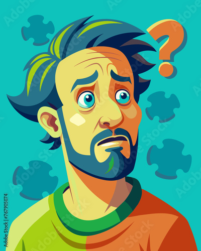 Young puzzled, doubtful, confused man thinking, trying to find solution, worried expression on his face, concept - Sorry, don't know how it happened. Copy space.
