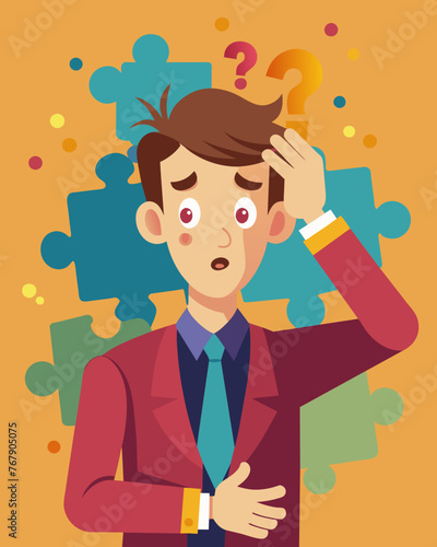 Young puzzled, doubtful, confused man thinking, trying to find solution, worried expression on his face, concept - Sorry, don't know how it happened. Copy space.