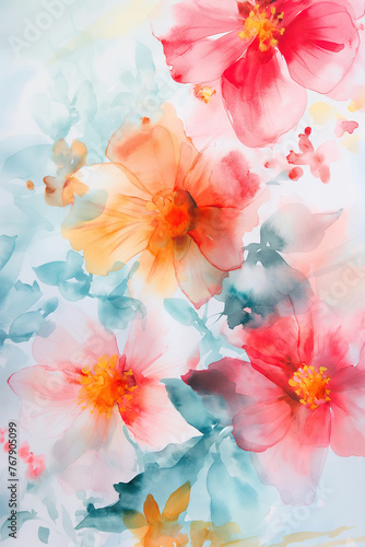 Bright crimson flowers with soft, transparent petals stand out against a pale, ethereal background