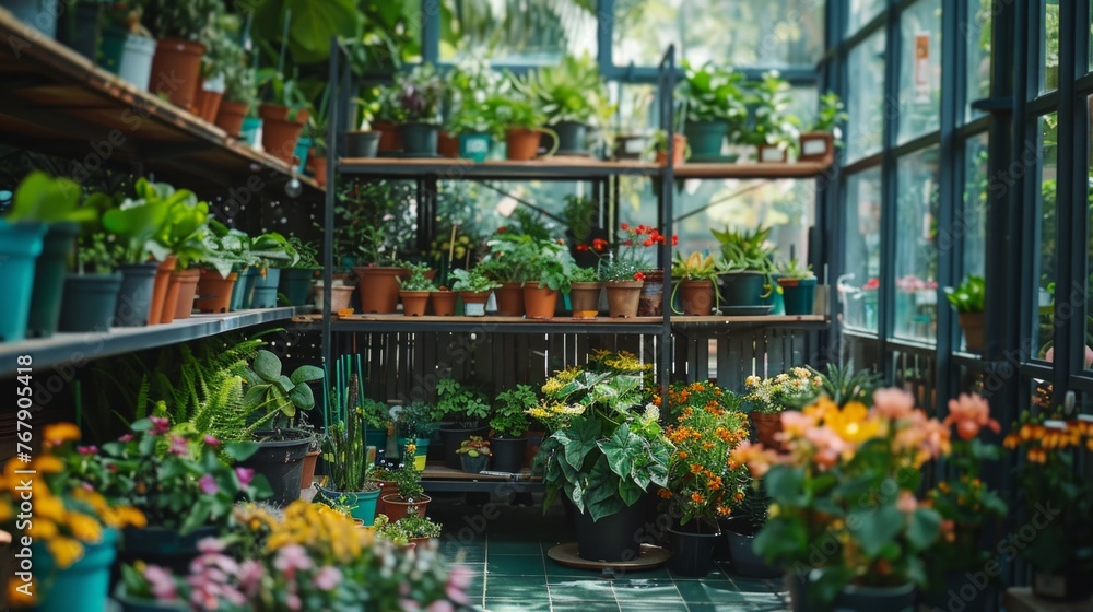 Houseplants or flower shop interior with different evergreen house plants in pots stand in rows on racks packed in plastic for transportation and sale. Garden shop with tropical indoor plants