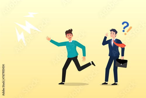 Frustrated businessman boss excuse this mistake and pointing to other false, bad habit blame other, excuse and throw mistake to colleague or team, selfish or offence manager (Vector)