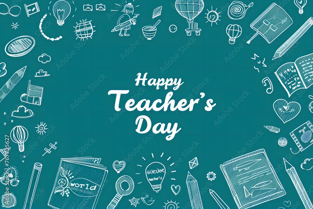 World Teacher's Day Tribute: Doodle Art Celebration with Educational Icons on Teal  