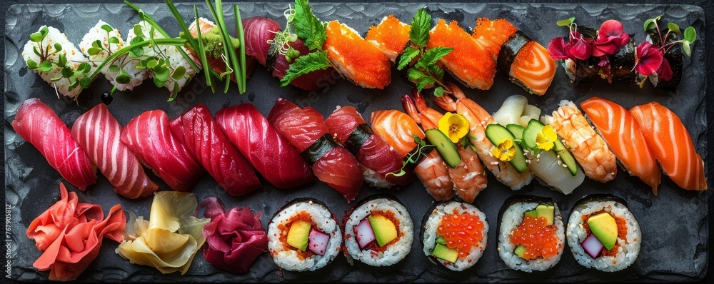 Exquisite Sushi Selection with Tuna, Salmon Nigiri, and Colorful Rolls Garnished with Edible Flowers