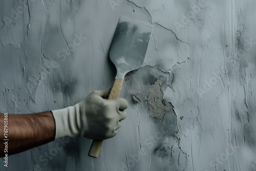 A gloved hand holding a construction spatula on a gray background photo
