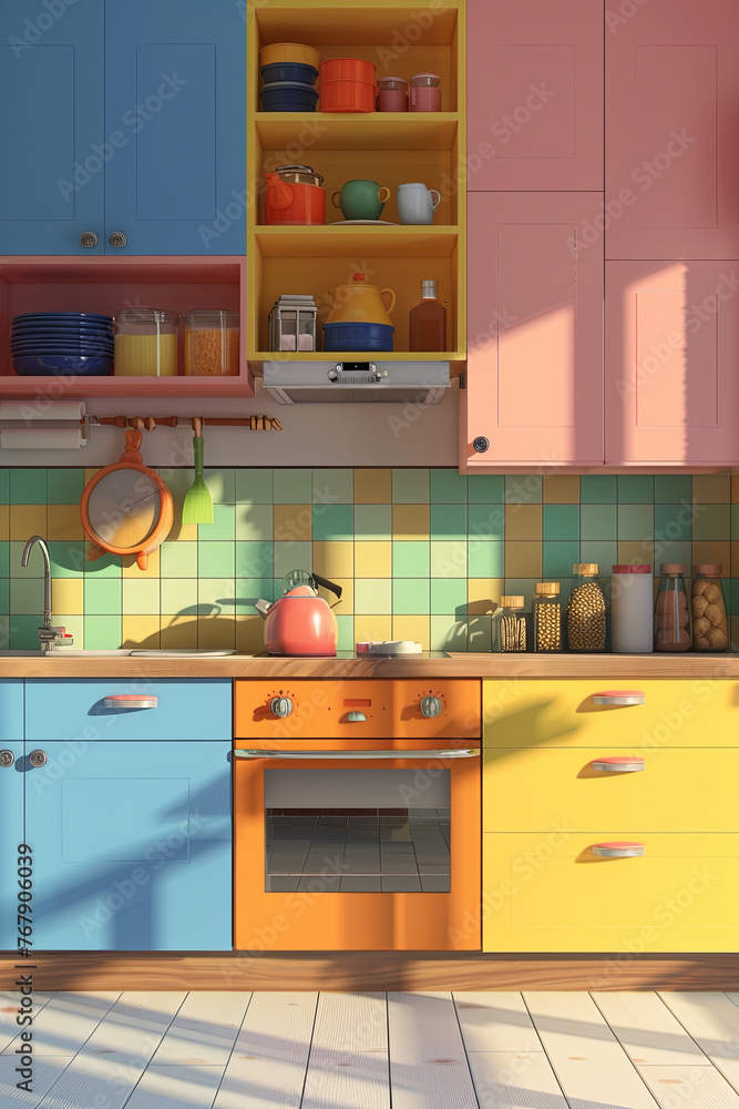 A 3D cartoon style colorful kitchen design