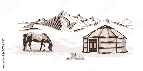 Sketch on the topic of life in Central Asia, grazing horse and yurt, vector illustration  © Valerii