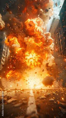 A massive fiery explosion engulfs an urban street, sending debris and flames soaring into the air.