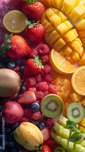 Close-up of a colorful array of fresh, juicy fruits and berries neatly arranged, bursting with vibrant colors and textures.