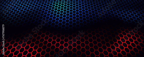 Black hexagon techno background overlap layer on dark space with red blue light effect decoration. Modern graphic design element future style concept for web banner, flyer, card, cover, or brochure