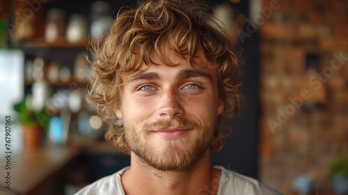 Portrait of a smiling young man with curly hair in a casual setting, exuding a friendly and approachable vibe.