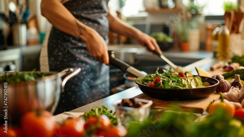 A person is tossing a salad with fresh greens, tomatoes, and cucumbers in a sunlit kitchen, embodying healthy lifestyle and homemade meals.