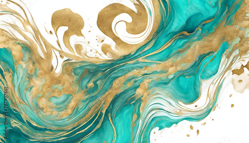 Spectacular dark teal and gold ink swirled around digital art , A painting of a blue and gold liquid painting.