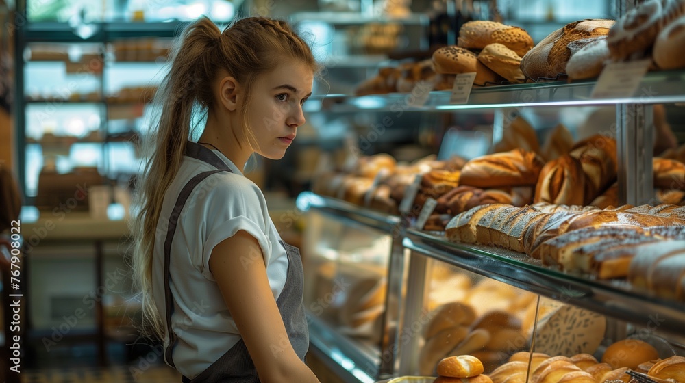 A blonde woman works in a bakery, wearing a short-sleeved blouse and apron, focused and professional.