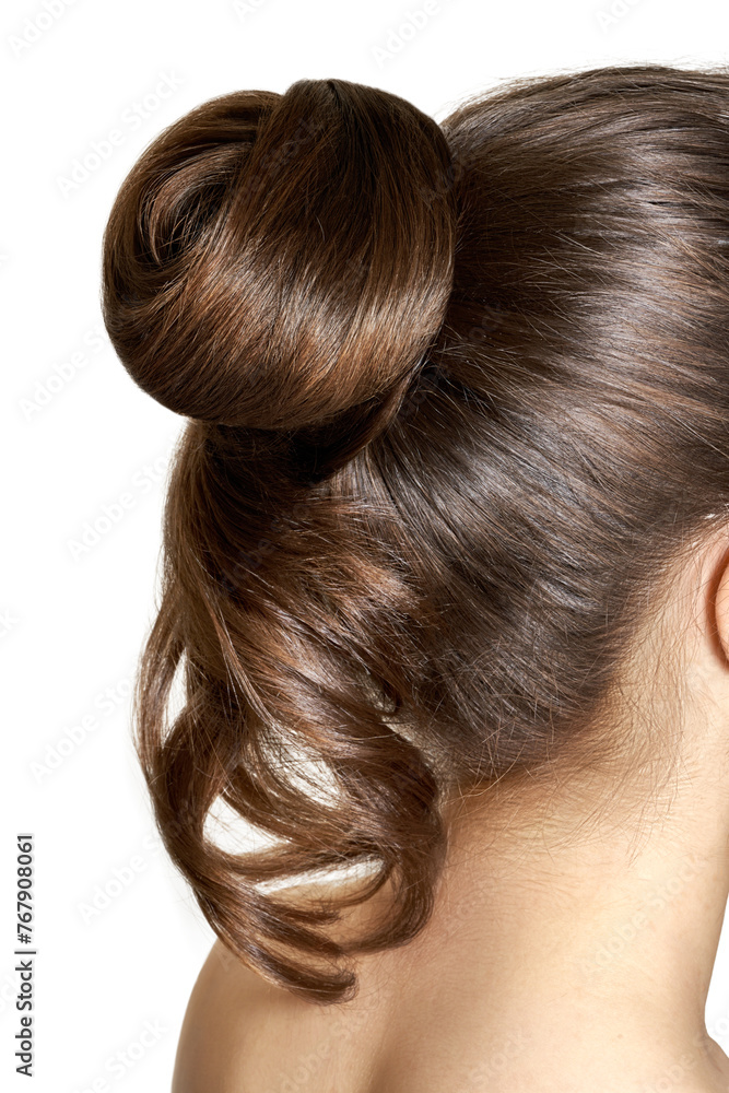 Closed up shot of woman hairstyle bun isolated on white background Closed up shot of woman hairstyle bun isolated on white background