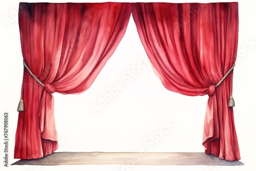 watercolor scene illustration red curtain on stage of theater or cinema ajar isolated on white background