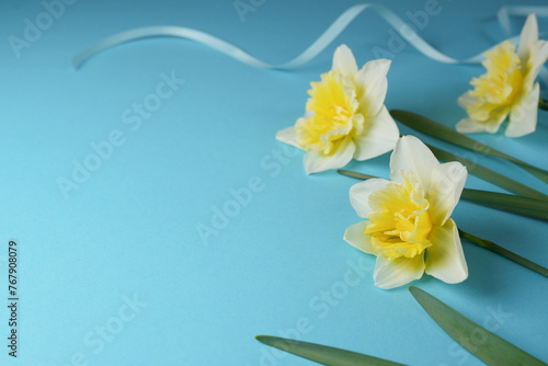 Beautiful bouquet of fresh daffodils with blue ribbon on a blue background. Simple holiday spring greeting card, invitation card. Top view, flat lay. Space for text. Floral banner.