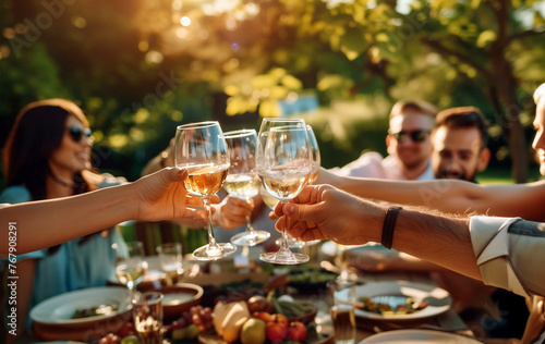 Happy friends having fun and enjoying an outdoor party. Young people raising wine glasses in the vineyard garden. Joyful gathering.