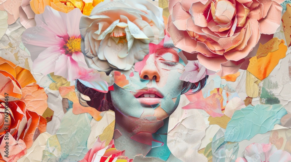 Artistic collage of a woman with floral graphics overlay, depicting creativity, feminine beauty, and the concept of nature and art in harmony.