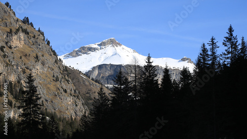 Snow covered peak at the end of the Langental Valley, Wolkenstein.