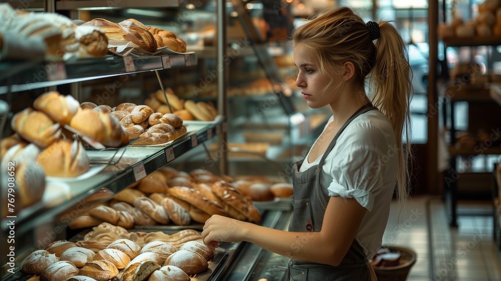 A blonde woman works in a bakery, wearing a short-sleeved blouse and apron, focused and professional.