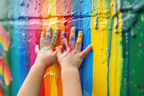 closeup of children's hands painting with their fingers with bright paint on the wall