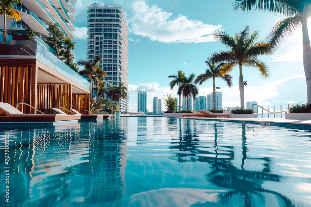 Miami swimming pool and city background