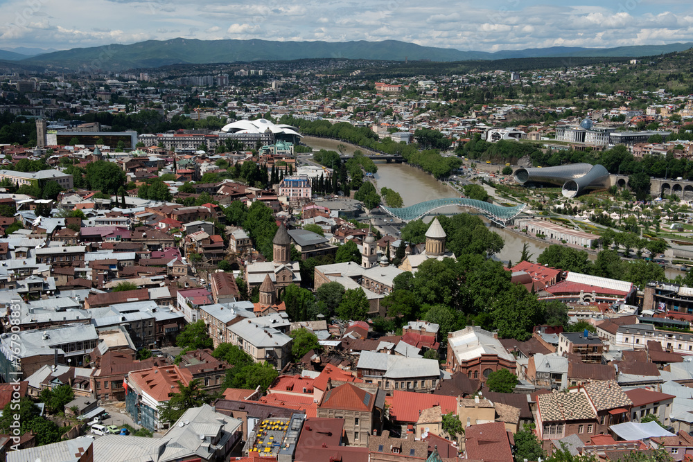 Aerial view of Tbilisi, capital of the Republic of Georgia and the historic Old Town district in the foreground.