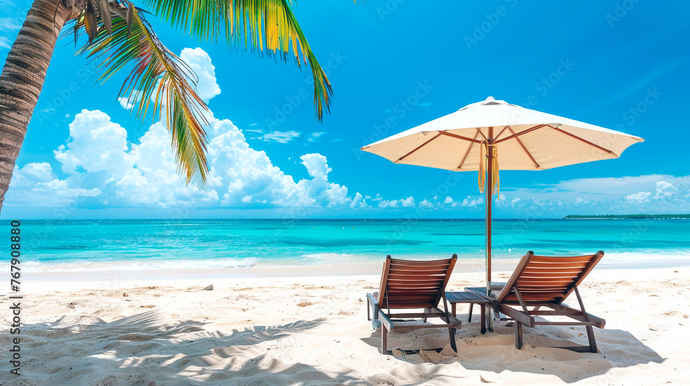 lounge chairs on the beach. Beach chair and umbrella, vacation background view at the ocen