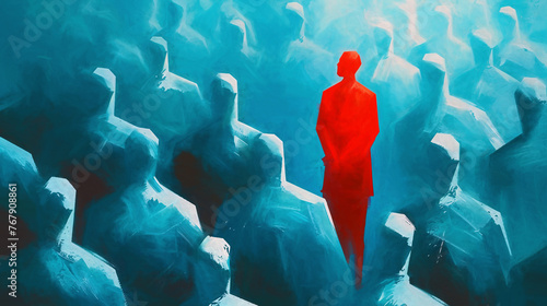 A red human shape among the white stands out from the crowd of others. It symbolizes exceptionality, uniqueness and being different