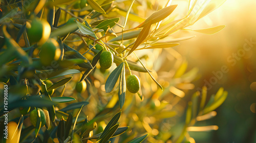 Green olives on a branch of an olive tree, with sunlight filtering through the leaves close up