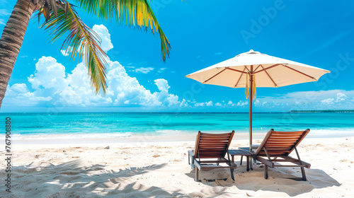 lounge chairs on the beach. Beach chair and umbrella  vacation background view at the ocen
