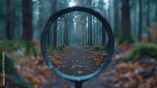 Mysterious path in the forest, view under a magnifying glass, concept of search and exploration