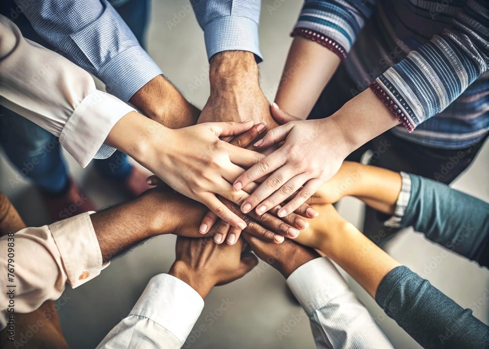 Stack of hands showing unity and teamwork
