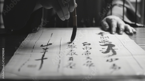 Close-up of a calligraphy artist's hand skillfully creating traditional Chinese characters with a brush on rice paper, demonstrating cultural artistry and precision. photo