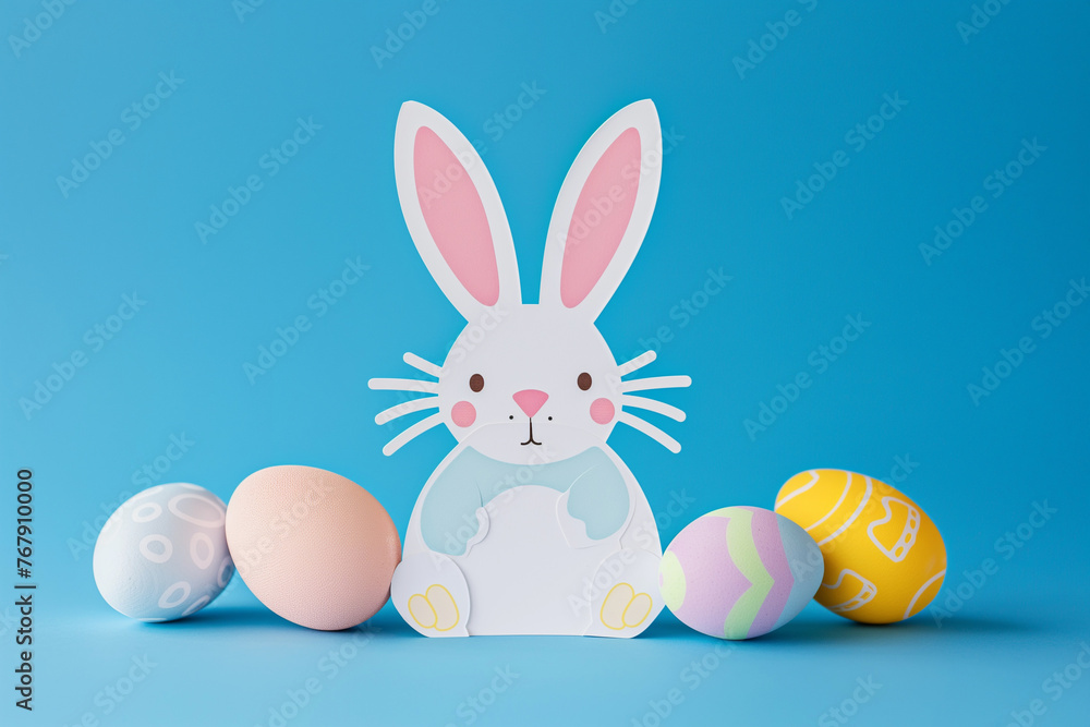 Obraz premium White cardboard bunny and Easter eggs on a blue background. Easter decoration