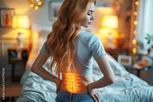 a woman suffering from lower back pain. Lower back pain in a woman, isolated spine.