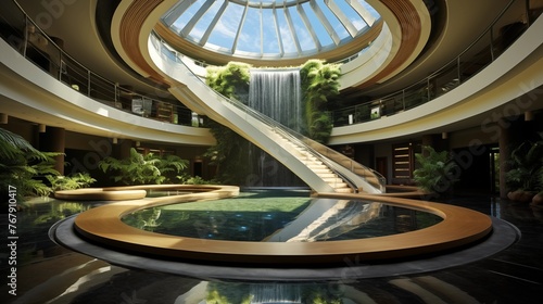Awe-inspiring feat of home engineering with an indoor waterfall descending from a skylight oculus in a palatial atrium © Aeman