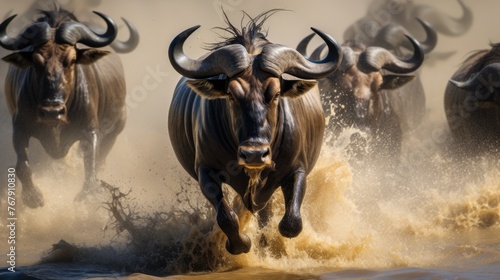 A herd of wildebeest are running through a muddy river photo