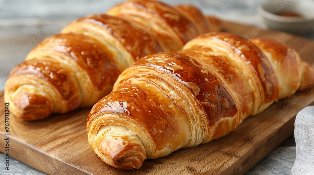 A pair of buttery croissants rest on a wooden plate