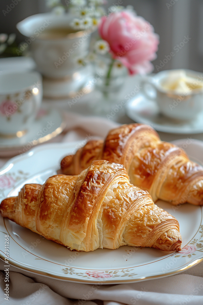 Two buttery croissants rest on a plate Two buttery croissants rest on a plate