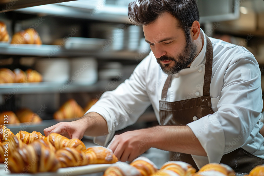 A chef arranges croissants on a tray in the kitchen