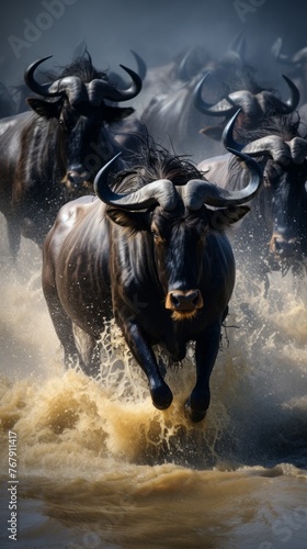 A herd of wildebeest are running through a river