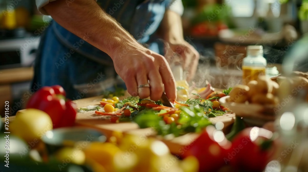 Close-up of a chef finely chopping fresh vegetables and herbs on a wooden cutting board, with steam rising and colorful produce around.