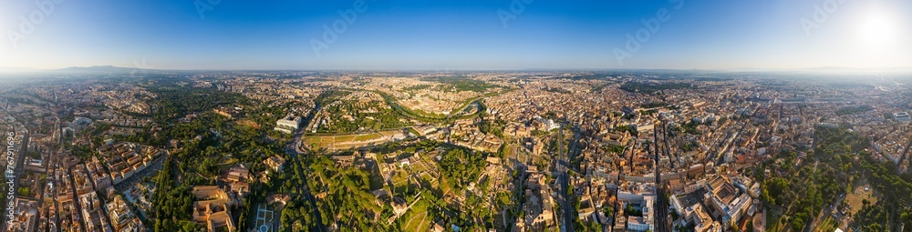 Rome, Italy. Roman forum. The city is at your fingertips. Panorama of the city on a summer morning. Panorama 360. Aerial view