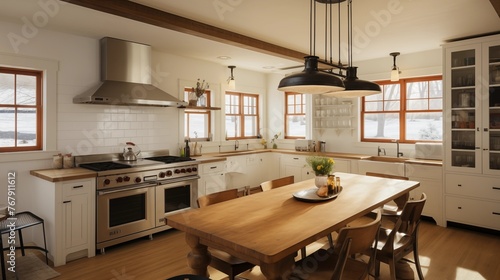 Chef's kitchen with butcher block island, pro appliances, and cozy fireside dining nook © Aeman