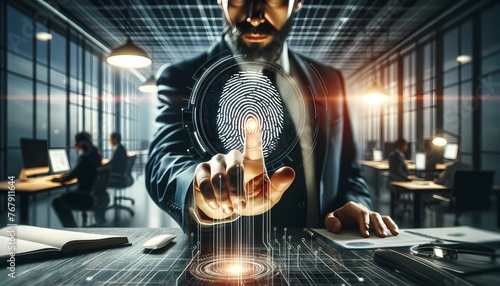 Security expert using biometric fingerprint identification for secure access, concept of digital security, authentication