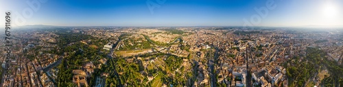 Rome, Italy. Roman forum. The city is at your fingertips. Panorama of the city on a summer morning. Panorama 360. Aerial view